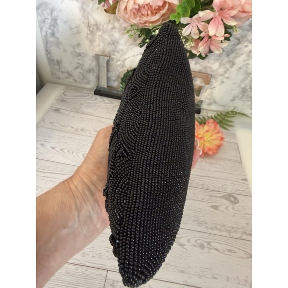 Hato Hasi Black Beaded Vintage Japan Satin Lined Clutch Evening Formal Purse EUC